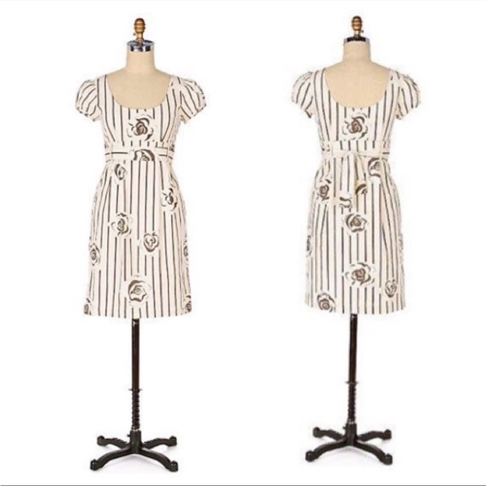 Anthropologie Maple Dress Winter Sprout Cream Brown Stripe Floral Stretch Sheath